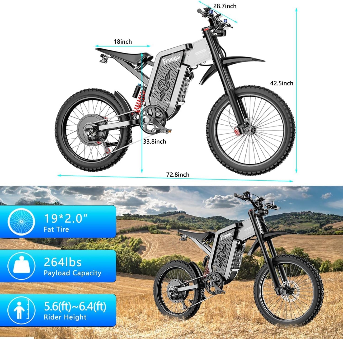 Max Speed 50MPH 19x2.75'' Tire,6000W(Peak) Motor Freego X2 Electric Mountain Bike , 7 Speed Electric Motorcycle for Adults, 1800Wh Battery Electric Dirt Bike, Full Suspension Hydraulic Brake UL2849