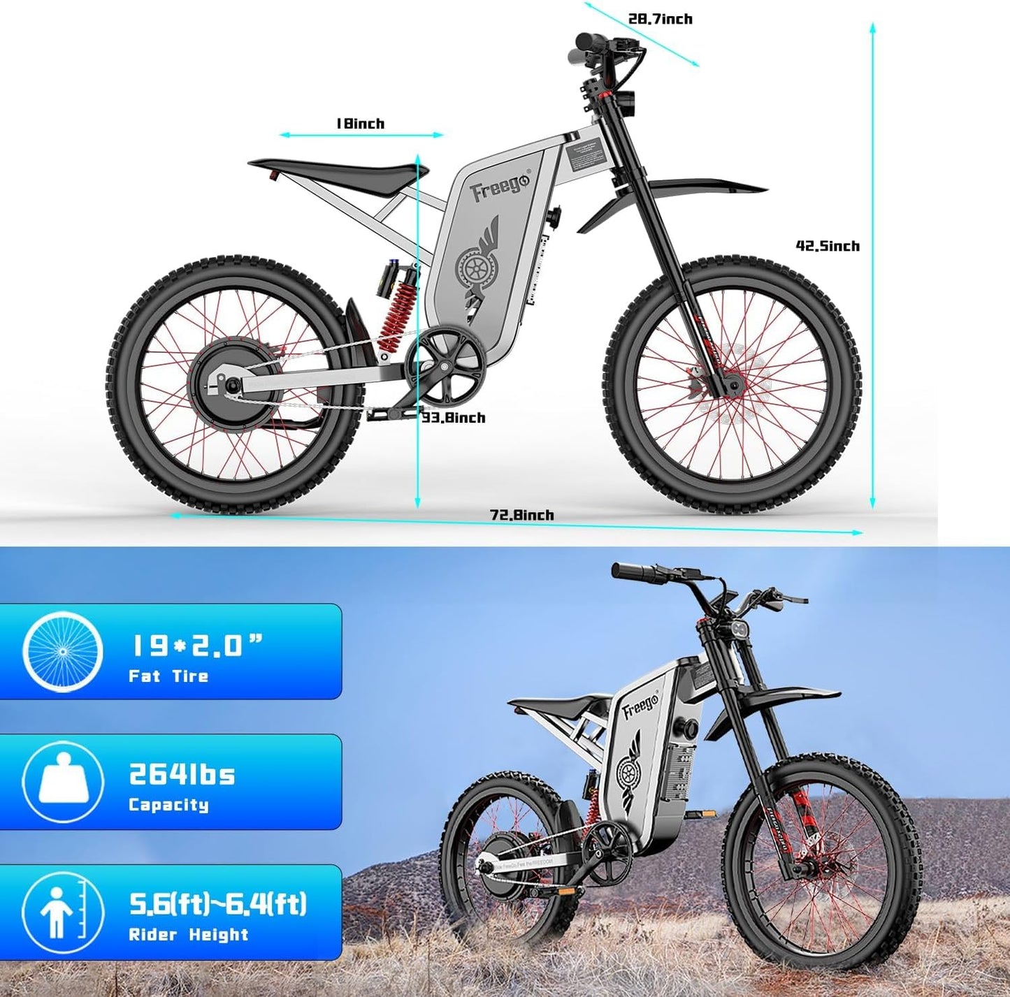 Freego X2Pro Electric Motorcycle for Adults, Electric Dirt Bike Teens 6000W(Peak) Motor 60V/30Ah Battery,50MPH/7 Speed Off Road Electric Bicycle,19x2 Full Suspension/Four-Piston Hydraulic Brake