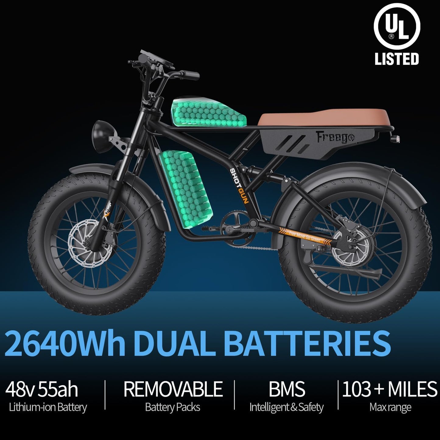 Freego Electric Bike for Adults, Dual Motor & Dual Battery, 2000W/48V/40Ah/55Ah, 20"x4.0" Fat Tires Off Road Electric Bicycle with Removable Battery, 34MPH&68/103 Miles Long Range E Bike UL Certified