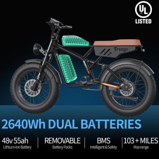 Freego Electric Bike for Adults, Dual Motor & Dual Battery, 2000W/48V/40Ah/55Ah, 20"x4.0" Fat Tires Off Road Electric Bicycle with Removable Battery, 34MPH&68/103 Miles Long Range E Bike UL Certified