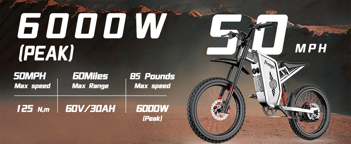 Freego X2Pro Electric Motorcycle for Adults, Electric Dirt Bike Teens 6000W(Peak) Motor 60V/30Ah Battery,50MPH/7 Speed Off Road Electric Bicycle,19x2 Full Suspension/Four-Piston Hydraulic Brake