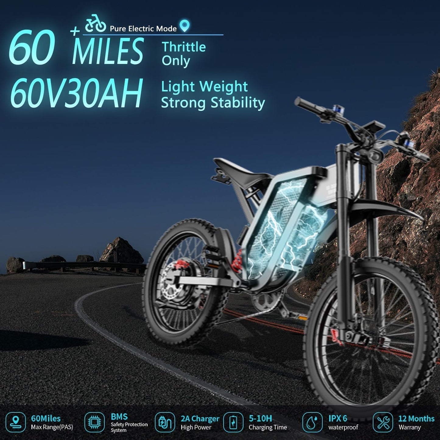 Max Speed 50MPH 19x2.75'' Tire,6000W(Peak) Motor Freego X2 Electric Mountain Bike , 7 Speed Electric Motorcycle for Adults, 1800Wh Battery Electric Dirt Bike, Full Suspension Hydraulic Brake UL2849