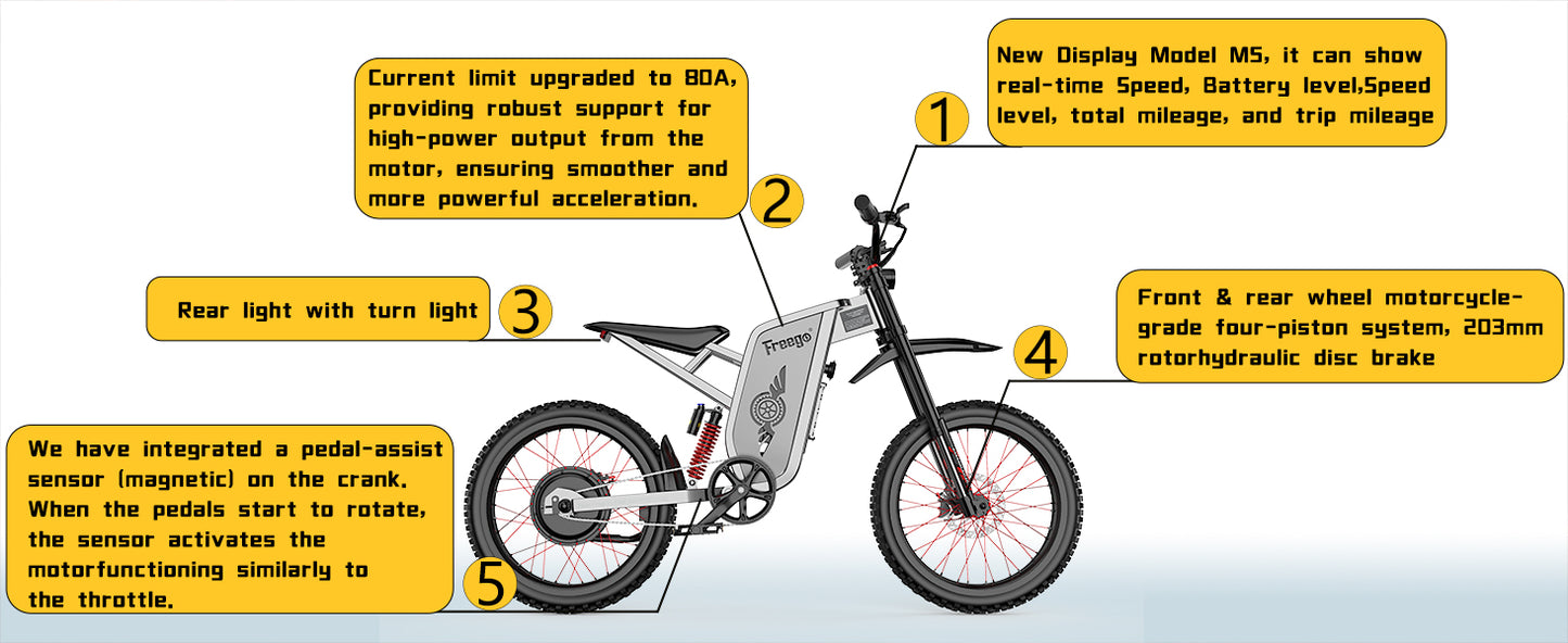 Freego X2Pro Electric Motorcycle for Adults, Electric Dirt Bike Teens 6000W(Peak) Motor 60V/30Ah Battery,50MPH/7 Speed Off Road Electric Bicycle,19x2 Full Suspension/Four-Piston Hydraulic Brake