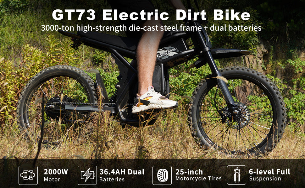 GT73 Electric Dirt Bike for Adults, 2000W Electric Dirtbike with 25 Inch Motorcycle Tires, 1747Wh Dual Battery Electric Bike, Max 37 MPH & 85 Mile Long Range, Dual Hydraulic Brakes & Full Suspension