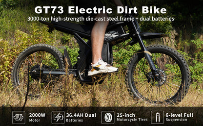 GT73 Electric Dirt Bike for Adults, 2000W Electric Dirtbike with 25 Inch Motorcycle Tires, 1747Wh Dual Battery Electric Bike, Max 37 MPH & 85 Mile Long Range, Dual Hydraulic Brakes & Full Suspension