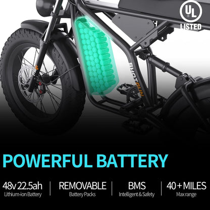 Freego Electric Bike for Adults, 1400W/48V/22.5Ah, F2 Pro 20" x 4.0" Fat Tires Electric Bicycle Removable Battery, 34MPH & 43 Miles Long Range Ebike 7-Speed UL Certified