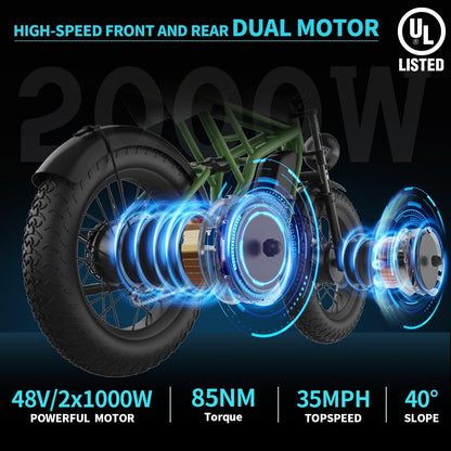 Freego Electric Bike for Adults, Dual Motor & Dual Battery, 2000W/48V/40Ah/55Ah, 20"x4.0" Fat Tires Off Road Electric Bicycle with Removable Battery, 34MPH&68/103 Miles Long Range E Bike UL Certified