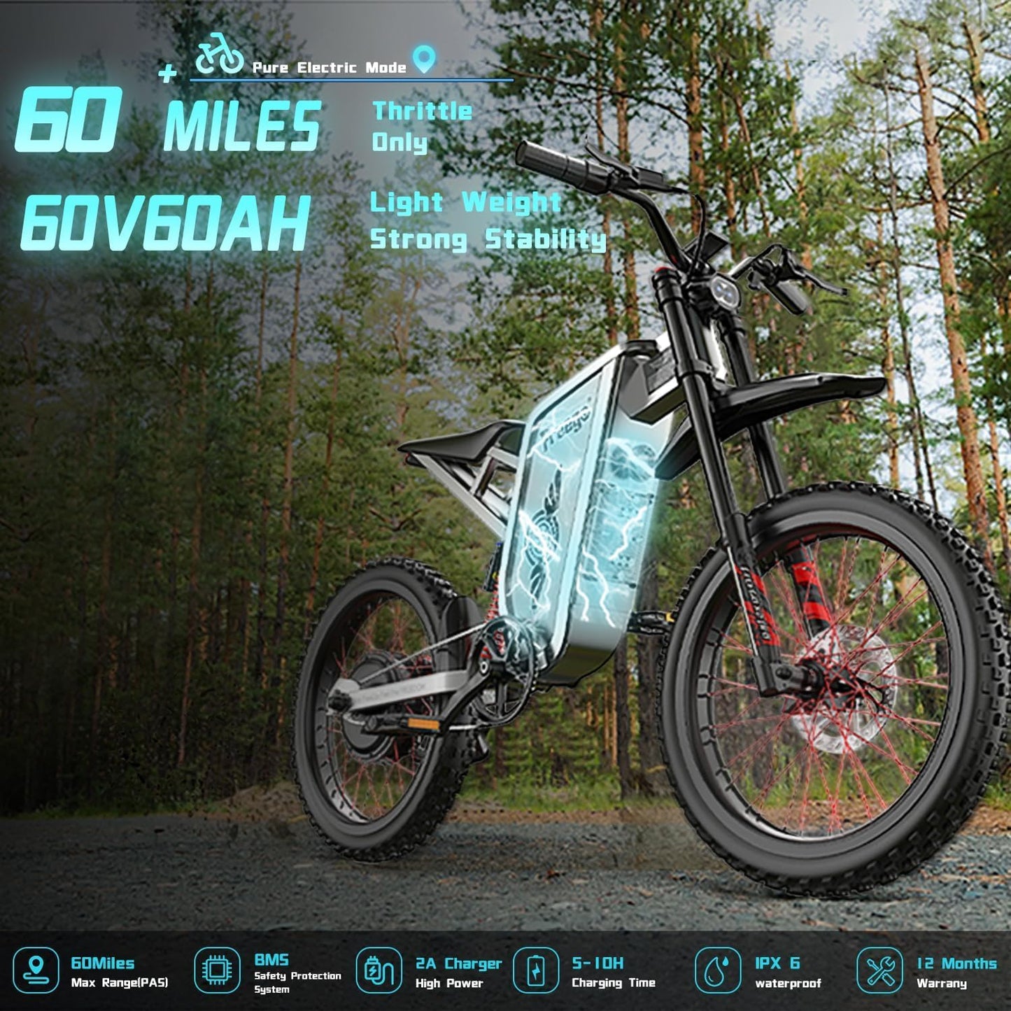 Freego X2Pro Electric Motorcycle for Adults, Electric Dirt Bike Teens 6000W(Peak) Motor 60V/30Ah Battery,50MPH/7 Speed Off Road Electric Bicycle,19x2 Full Suspension/Four-Piston Hydraulic Brake