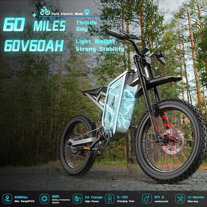 Freego X2Pro Electric Motorcycle for Adults, Electric Dirt Bike Teens 6000W(Peak) Motor 60V/30Ah Battery,50MPH/7 Speed Off Road Electric Bicycle,19x2 Full Suspension/Four-Piston Hydraulic Brake